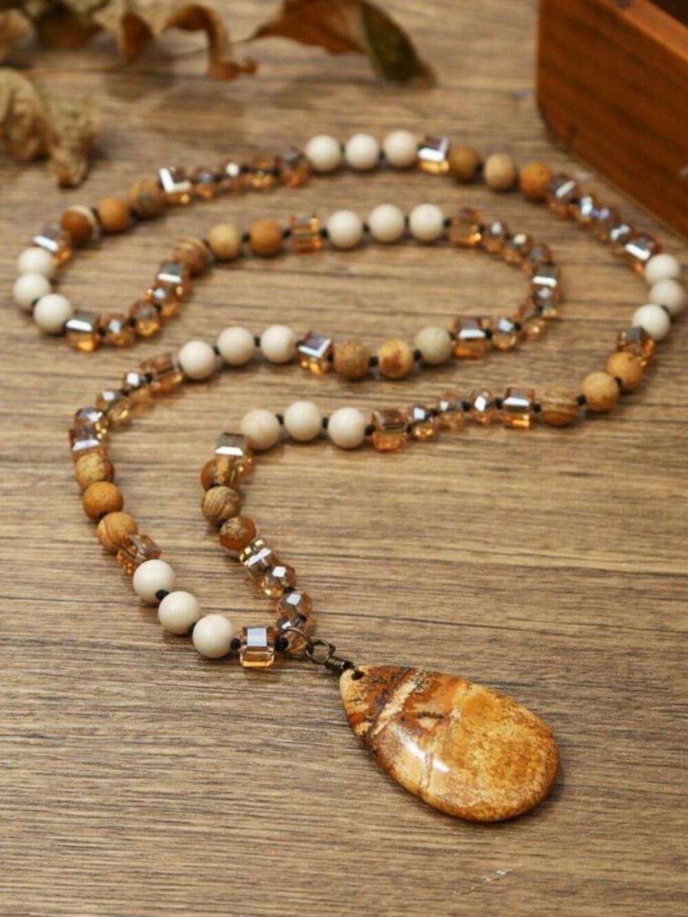 NWT Boho Natural Stone Picture Jasper Beaded Long Statement Sweater Necklace